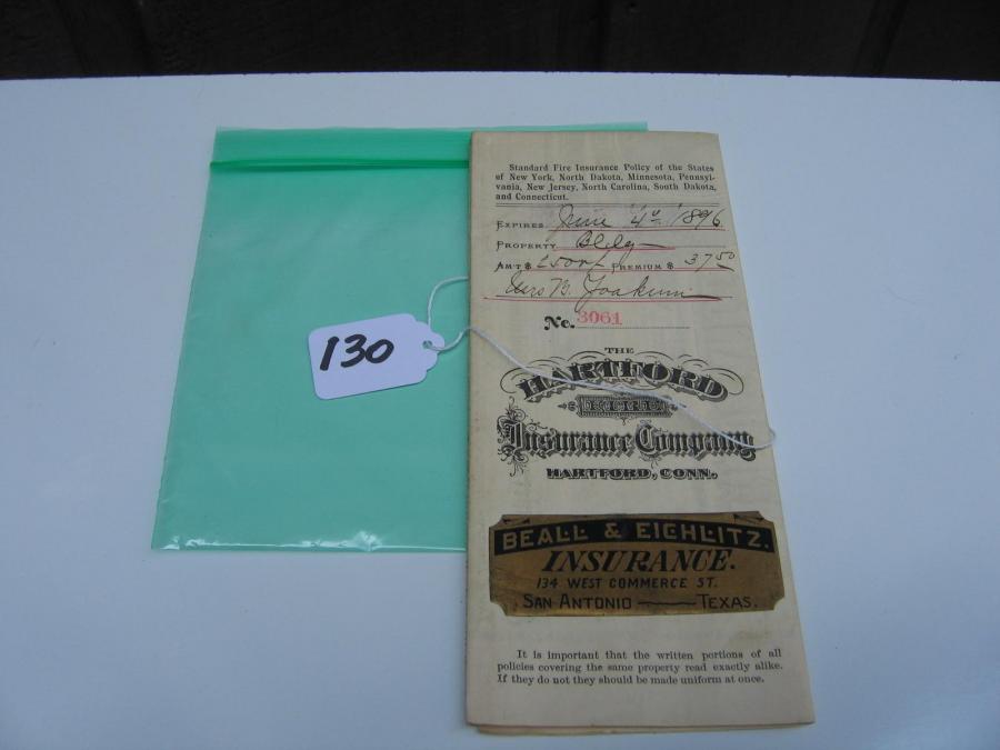 #130 Hartford Insurance Company. Insurance Policy# 3061 for one year from 4th Day of June 1895 to the 4th day of June 1896. Covers the damage to Fire
